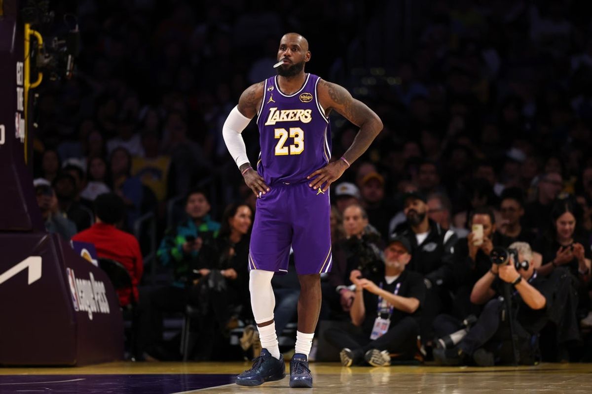 Feb 9, 2026; Los Angeles, California, USA;  Los Angeles Lakers forward LeBron James (23) looks on during the second half against the Oklahoma City Thunder at Crypto.com Arena. Mandatory Credit: Kiyoshi Mio-Imagn Images