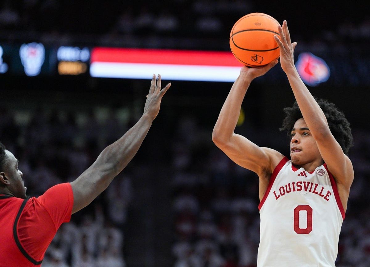 Louisville Cardinals guard Mikel Brown Jr. (0) scored 45 points with 10-for-16 3-point shooting as the Cards roll past NC State 118-77 at the KFC Yum! Center in downtown Louisville February 9, 2026. Brown Jr. tied Louisville legend Wes Unseld's game record.