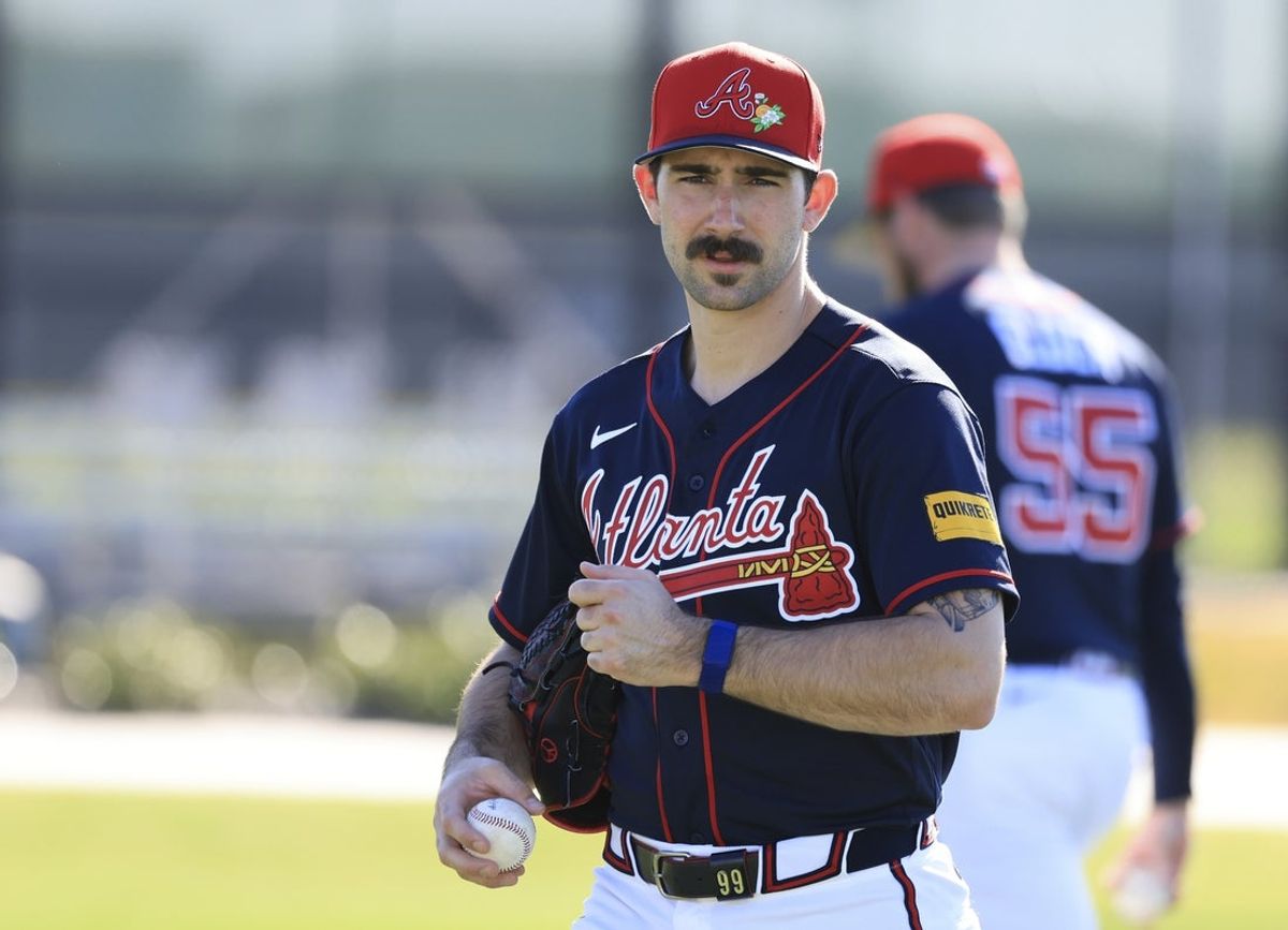 Feb 10, 2026; North Port, FL, USA; Atlanta Braves pitcher Spencer Strider (99) works out during spring training workouts. Mandatory Credit: Kim Klement Neitzel-Imagn Images