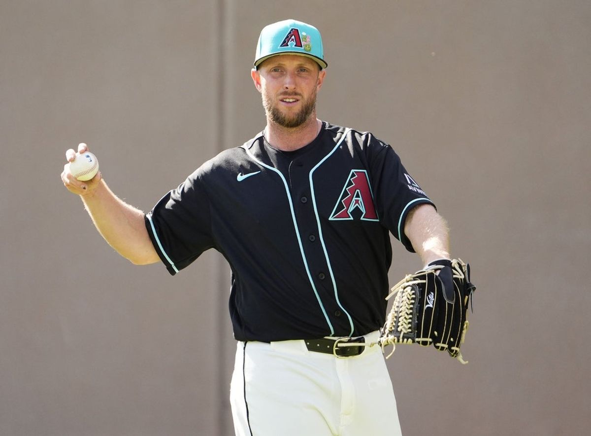 Arizona Diamondbacks pitcher Merrill Kelly (29) during spring training workouts on Feb. 10, 2026, at Salt River Fields in Scottsdale.