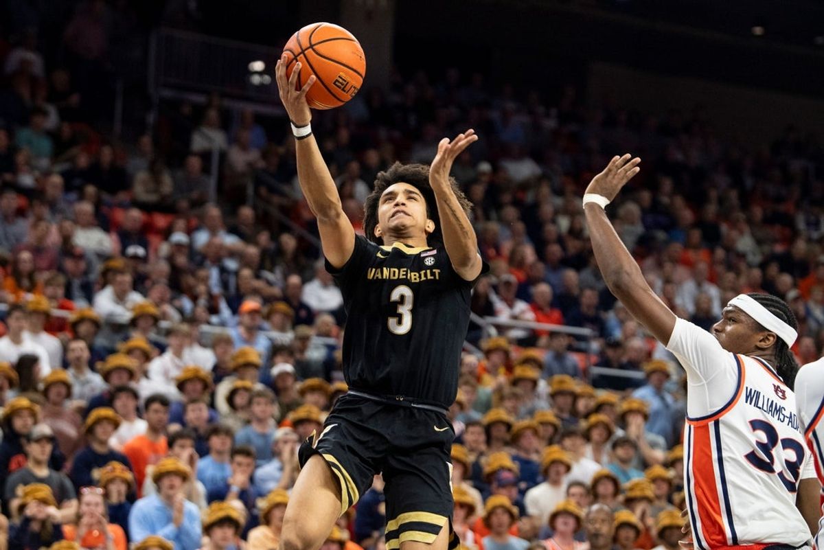 Vanderbilt Commodores guard Tyler Tanner (3) goes up for a layup as Auburn Tigers take on Vanderbilt Commodores at Neville Arena in Auburn, Ala. on Tuesday, Feb. 10, 2026.