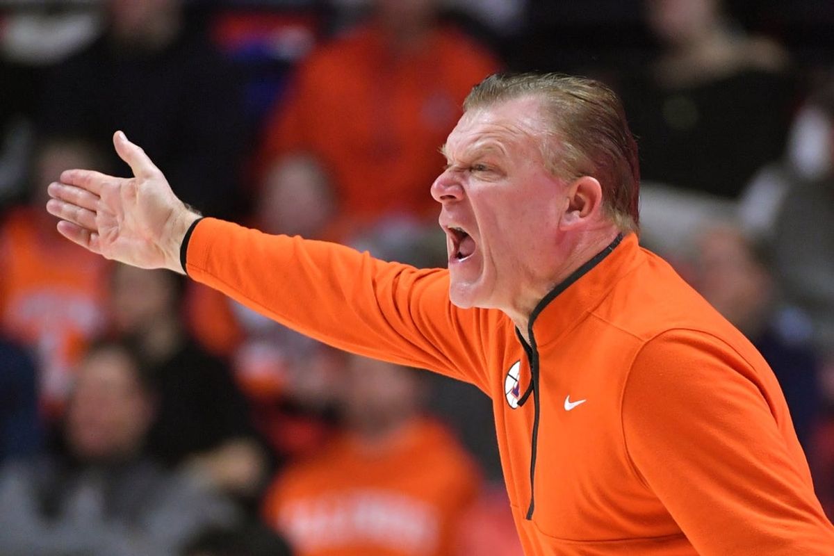 Feb 10, 2026; Champaign, Illinois, USA;  Illinois Fighting Illini head coach Brad Underwood reacts during the first half against the Wisconsin Badgers at State Farm Center. Mandatory Credit: Ron Johnson-Imagn Images