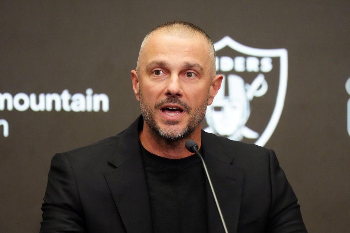 Feb 10, 2026; Henderson, NV, USA;  Las Vegas Raiders general manager John Spytek at press conference at Intermountain Health Performance Center. Mandatory Credit: Kirby Lee-Imagn Images
