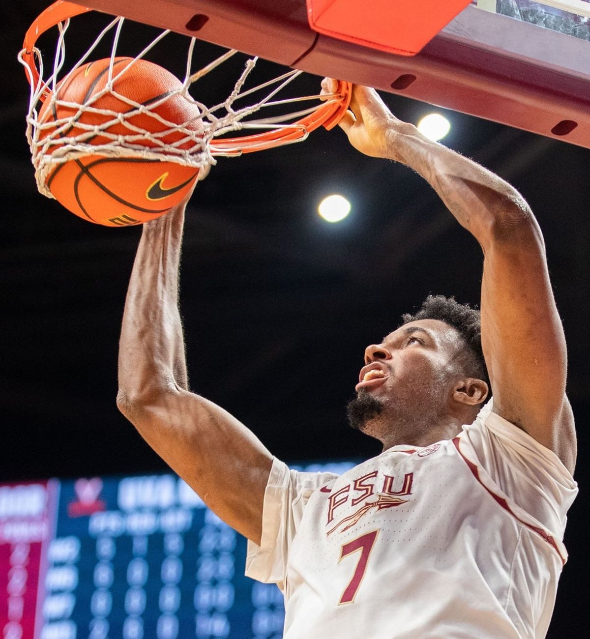Florida State Seminoles forward Chauncey Wiggins (7) dunks the ball. The Virginia Cavaliers defeated the Florida State Seminoles 61-58 at the Tucker Civic Center on Tuesday, Feb. 10, 2026.