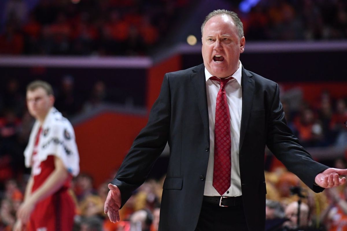 Feb 10, 2026; Champaign, Illinois, USA;  Wisconsin Badgers head coach Greg Gard reacts during the second half against the Illinois Fighting Illini at State Farm Center. Mandatory Credit: Ron Johnson-Imagn Images