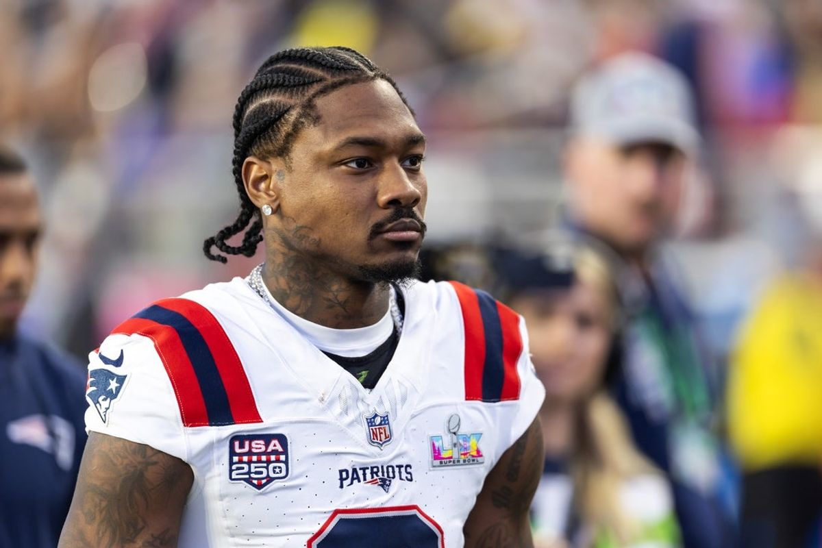 Feb 8, 2026; Santa Clara, CA, USA; New England Patriots wide receiver Stefon Diggs (8) against the Seattle Seahawks during Super Bowl LX at Levi's Stadium. Mandatory Credit: Mark J. Rebilas-Imagn Images