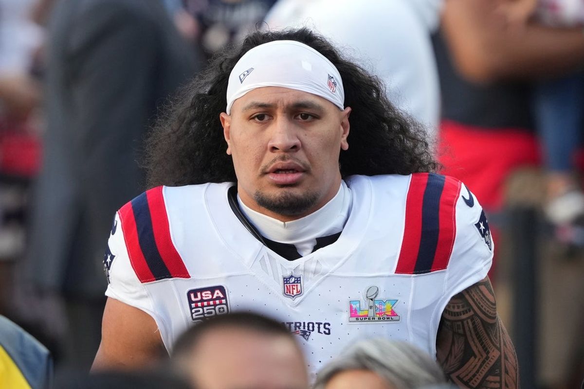 Feb 8, 2026; Santa Clara, CA, USA; New England Patriots linebacker Jahlani Tavai (48) before Super Bowl LX against the Seattle Seahawks at Levi's Stadium. Mandatory Credit: Darren Yamashita-Imagn Images