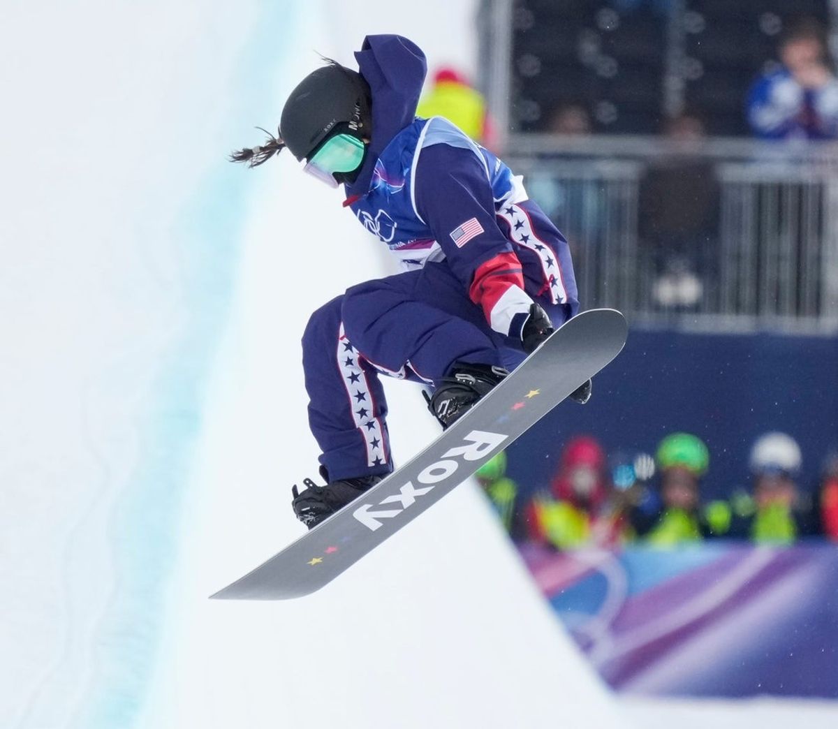 Feb 11, 2026; Livigno, Italy; Chloe Kim of the United States during women's snowboard halfpipe qualification second run during the Milano Cortina 2026 Olympic Winter Games at Livigno Snow Park. Mandatory Credit: Jack Gruber-USA TODAY