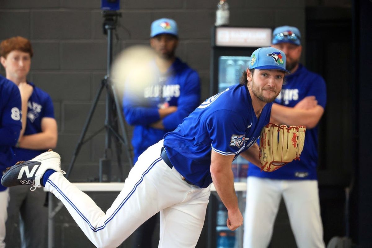 Feb 11, 2026; Dunedin, FL, USA;  Toronto Blue Jays pitcher Trey Yesavage (39) throws a bullpen session for spring training practice at Blue Jays Player Development Complex. Mandatory Credit: Kim Klement Neitzel-Imagn Images