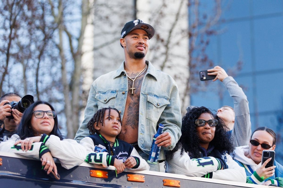 Feb 11, 2026; Seattle, WA, USA;  Seattle Seahawks wide receiver Jaxon Smith-Njigba (11) looks on during the Super Bowl LX parade. Mandatory Credit: Kevin Ng-Imagn Images