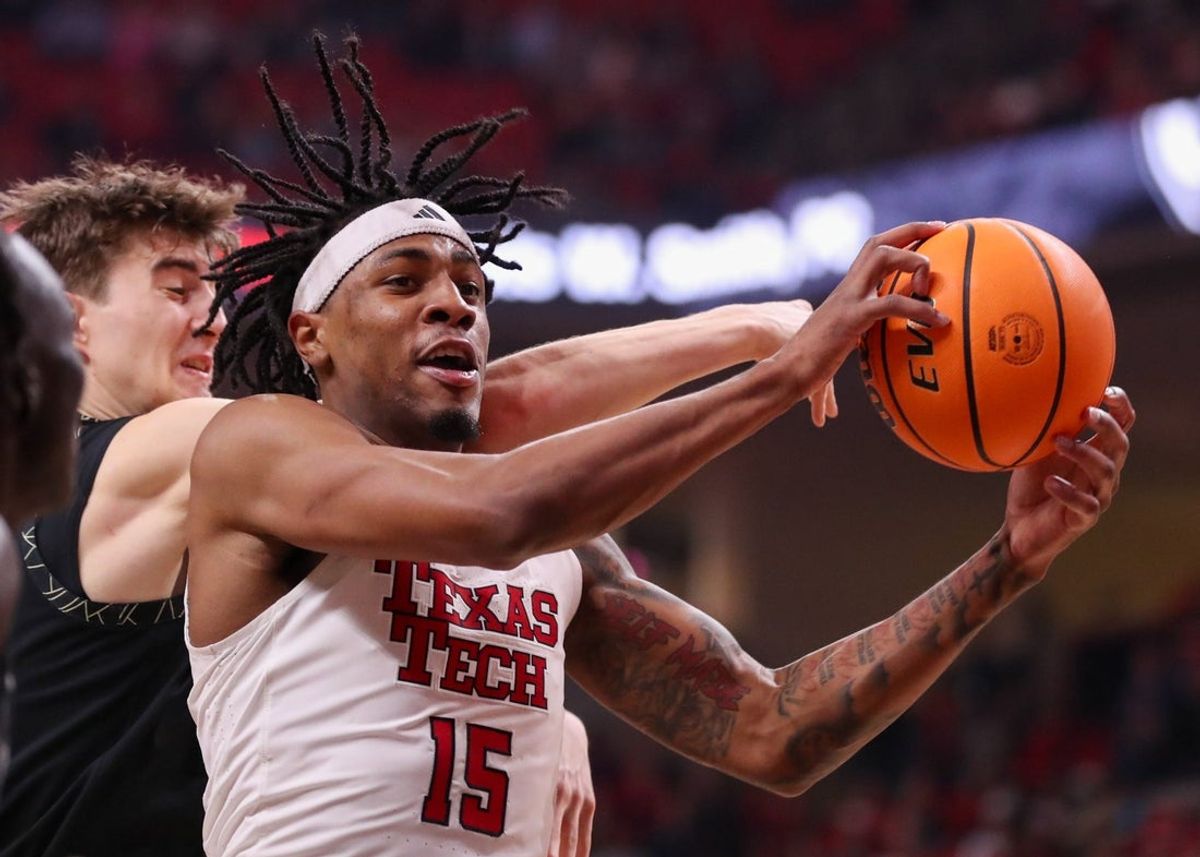 Texas Tech's JT Toppin grabs a rebound against Colorado during a Big 12 Conference men's basketball game, Wednesday, Feb. 11, 2026, in United Supermarkets Arena.