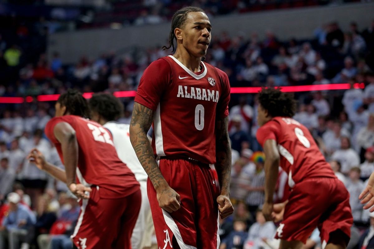 Feb 11, 2026; Oxford, Mississippi, USA; Alabama Crimson Tide guard Labaron Philon Jr. (0) reacts after a basket during the second half against the Mississippi Rebels at The Sandy and John Black Pavilion at Ole Miss. Mandatory Credit: Petre Thomas-Imagn Images