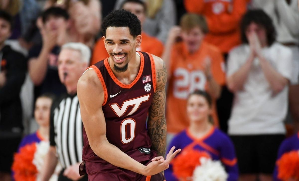Virginia Tech Hokies guard Jailen Bedford (0) reacts after scoring Wednesday, Feb. 11, 2026, during the NCAA men’s basketball game against the Clemson Tigers at Littlejohn Coliseum in Clemson, South Carolina. Virginia Tech Hokies 76-66.
