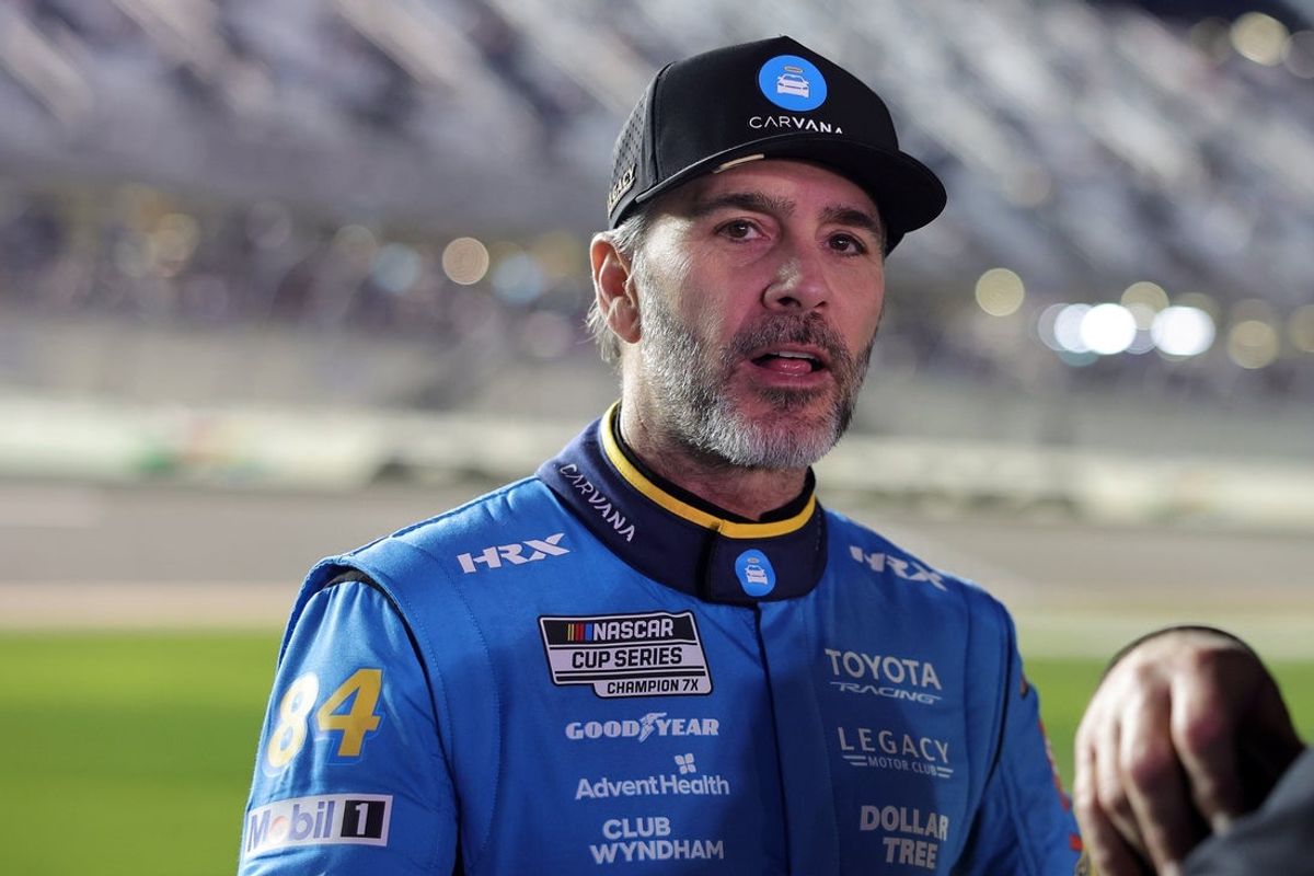 Feb 11, 2026; Daytona Beach, Florida, USA; NASCAR Cup Series driver Jimmie Johnson (84) during qualifying for the Daytona 500 at Daytona International Speedway. Mandatory Credit: Mike Dinovo-Imagn Images