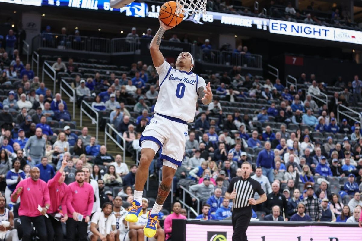 Feb 11, 2026; Newark, New Jersey, USA;  Seton Hall Pirates guard Adam Clark (0) drives to the basket in the second half against the Providence Friars at Prudential Center. Mandatory Credit: Wendell Cruz-Imagn Images