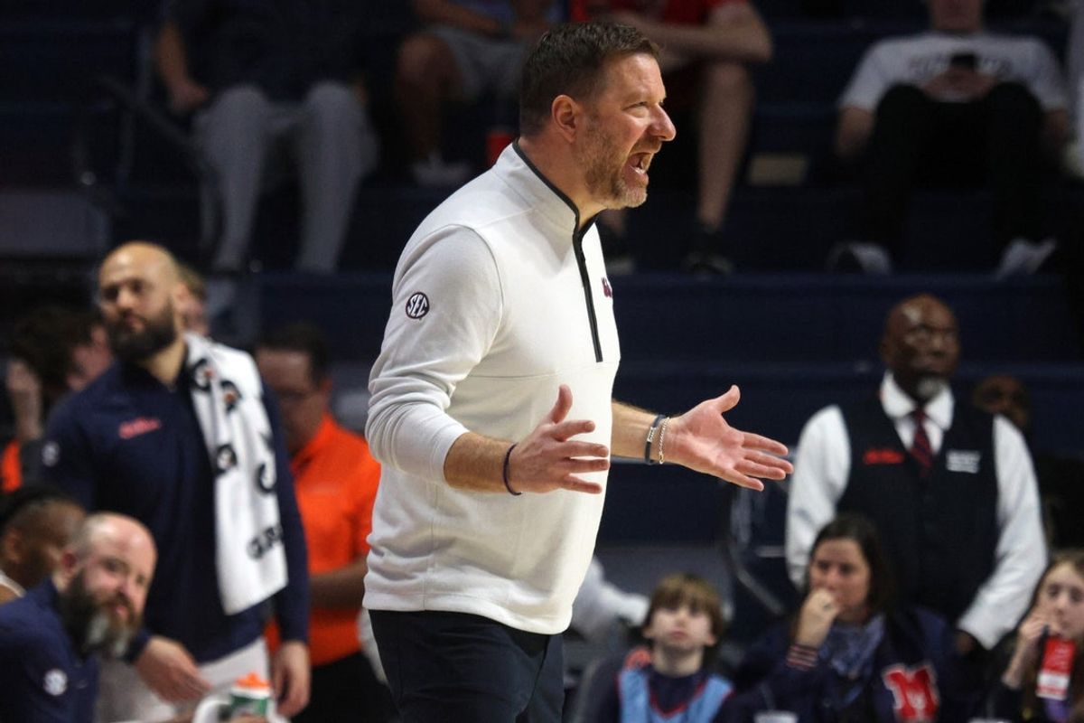 Feb 11, 2026; Oxford, Mississippi, USA; Mississippi Rebels head coach Chris Beard reacts during the second half against the Alabama Crimson Tide at The Sandy and John Black Pavilion at Ole Miss. Mandatory Credit: Petre Thomas-Imagn Images