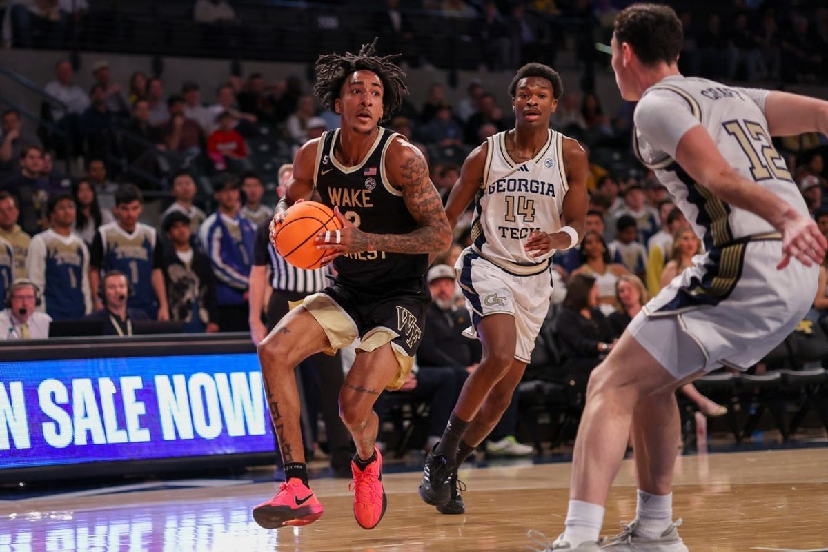 Feb 11, 2026; Atlanta, Georgia, USA; Wake Forest Demon Deacons guard Juke Harris (2) drives to the basket against the Georgia Tech Yellow Jackets in the first quarter at McCamish Pavilion. Mandatory Credit: Brett Davis-Imagn Images
