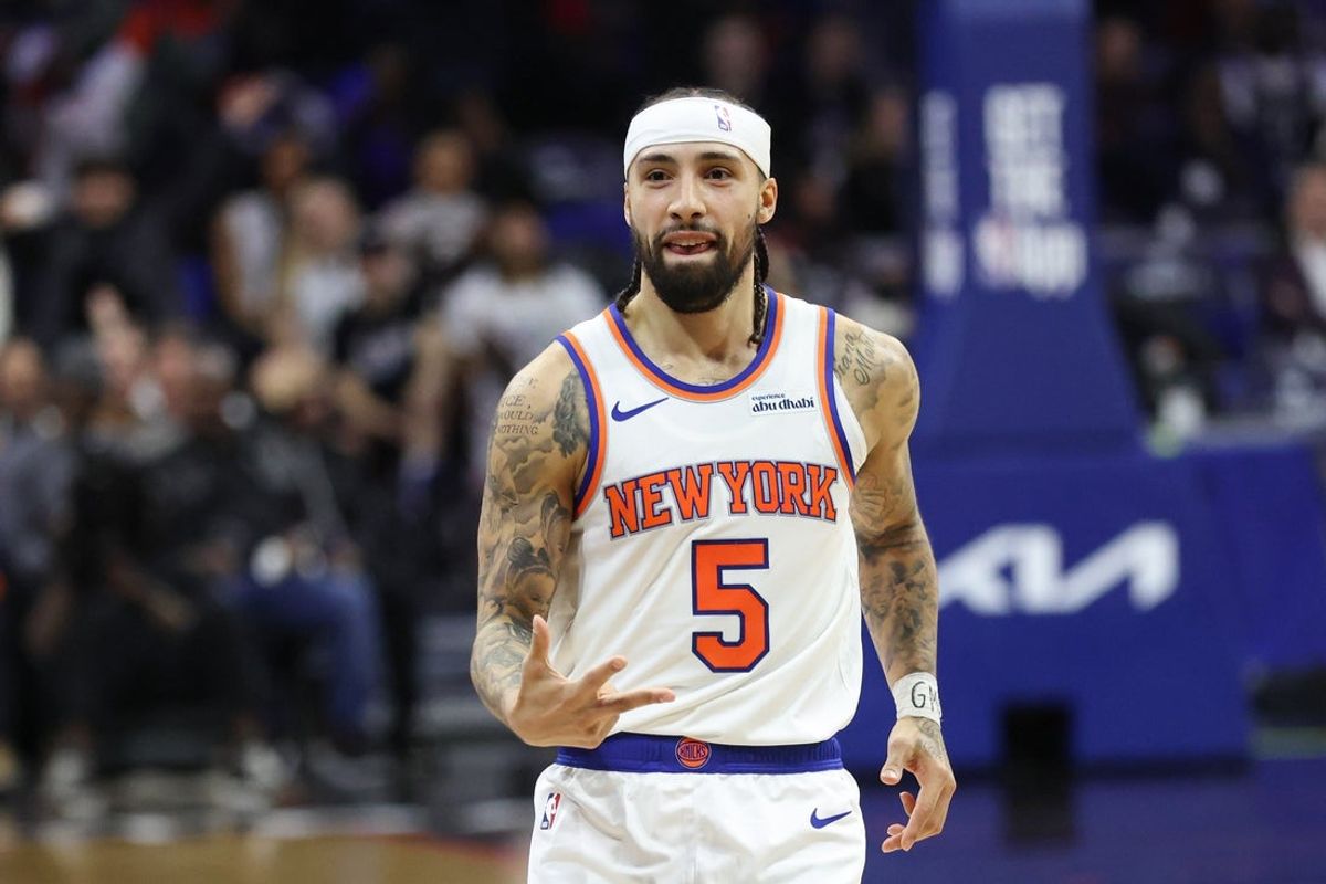 Feb 11, 2026; Philadelphia, Pennsylvania, USA; New York Knicks guard Jose Alvarado (5) reacts to his three pointer against the Philadelphia 76ers during the second half at Xfinity Mobile Arena. Mandatory Credit: Bill Streicher-Imagn Images