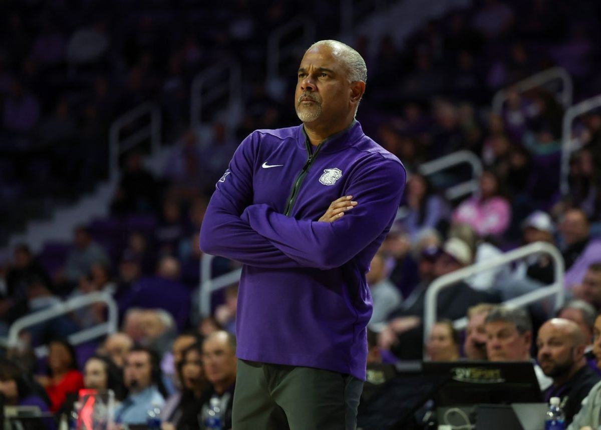Feb 11, 2026; Manhattan, Kansas, USA; Kansas State Wildcats head coach Jerome Tang looks on during the first half against he Cincinnati Bearcats at Bramlage Coliseum. Mandatory Credit: Scott Sewell-Imagn Images