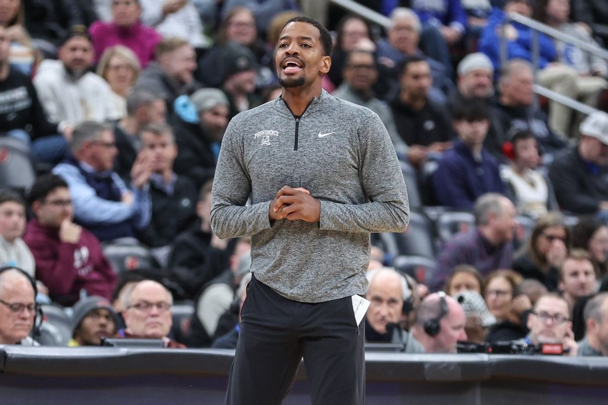 Feb 11, 2026; Newark, New Jersey, USA;  Providence Friars head coach Kim English yells out instructions in the first half against the Seton Hall Pirates at Prudential Center. Mandatory Credit: Wendell Cruz-Imagn Images