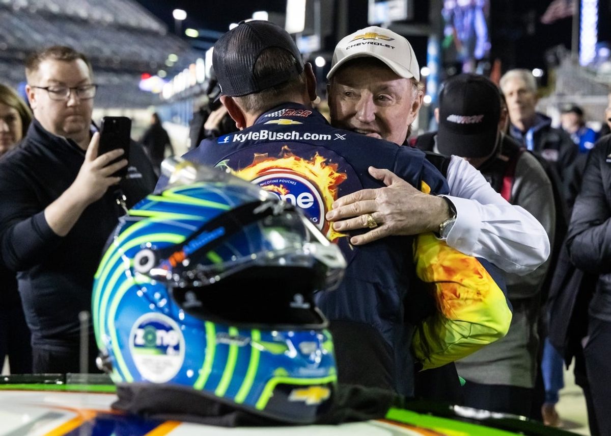 Feb 11, 2026; Daytona Beach, Florida, USA; NASCAR Cup Series driver Kyle Busch (left) celebrates with team owner Richard Childress after winning the pole position during qualifying for the Daytona 500 at Daytona International Speedway. Mandatory Credit: Mark J. Rebilas-Imagn Images