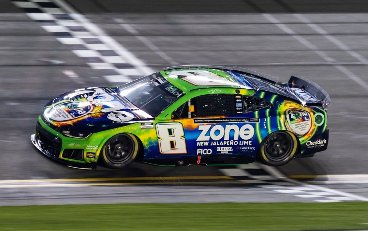 Feb 11, 2026; Daytona Beach, Florida, USA; NASCAR Cup Series driver Kyle Busch (8) crosses the finish line to win the pole position during qualifying for the Daytona 500 at Daytona International Speedway. Mandatory Credit: Mark J. Rebilas-Imagn Images