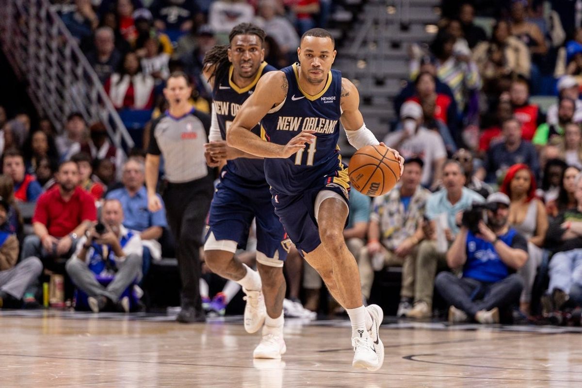 Feb 11, 2026; New Orleans, Louisiana, USA; New Orleans Pelicans guard Bryce McGowens (11) brings the ball up court against the Miami Heat during the second half at Smoothie King Center. Mandatory Credit: Stephen Lew-Imagn Images