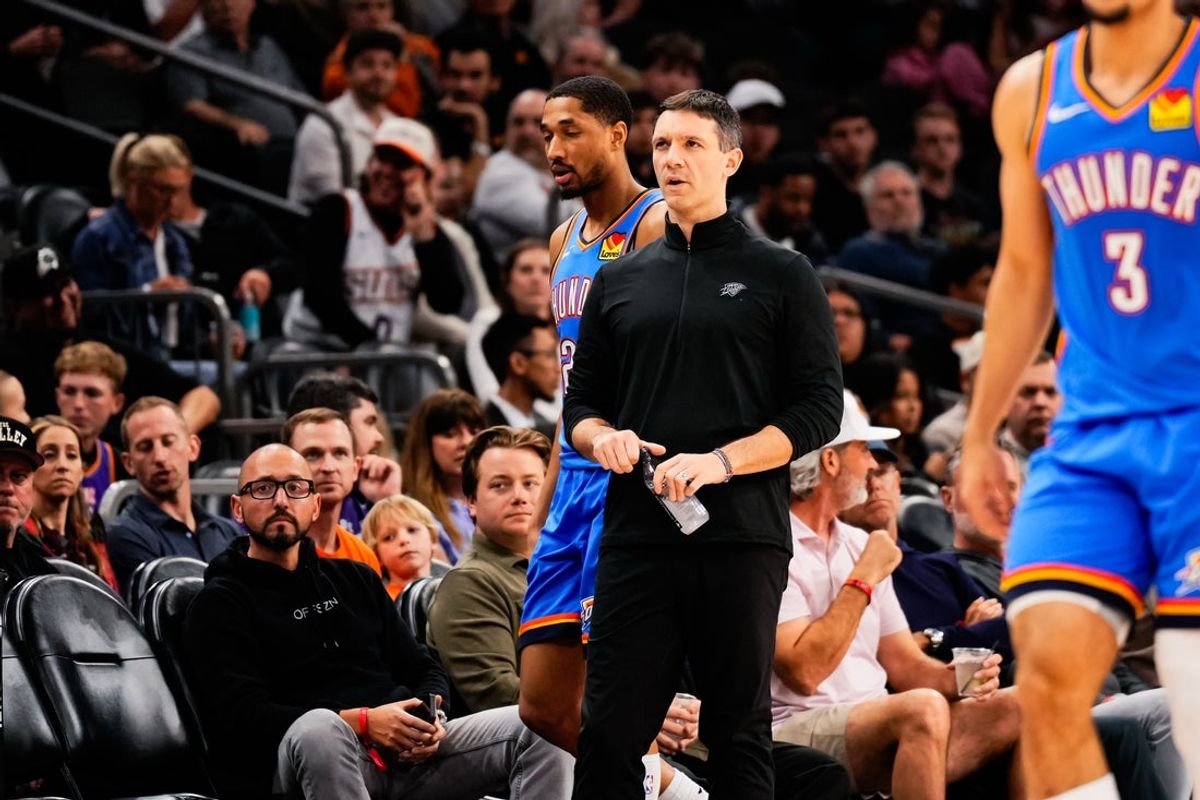 Feb 11, 2026; Phoenix, Arizona, USA; Oklahoma City Thunder Head Coach Mark Daigneault during the second half of the game at Mortgage Matchup Center. Mandatory Credit: Arianna Grainey-Imagn Images