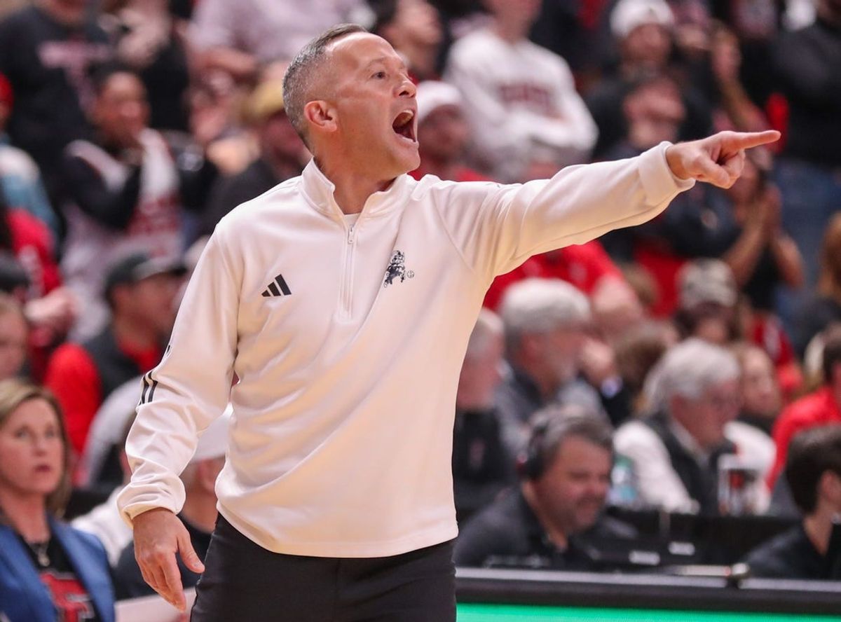 Texas Tech head coach Grant McCasland calls to his team during a Big 12 Conference men's basketball game, Wednesday, Feb. 11, 2026, in United Supermarkets Arena.
