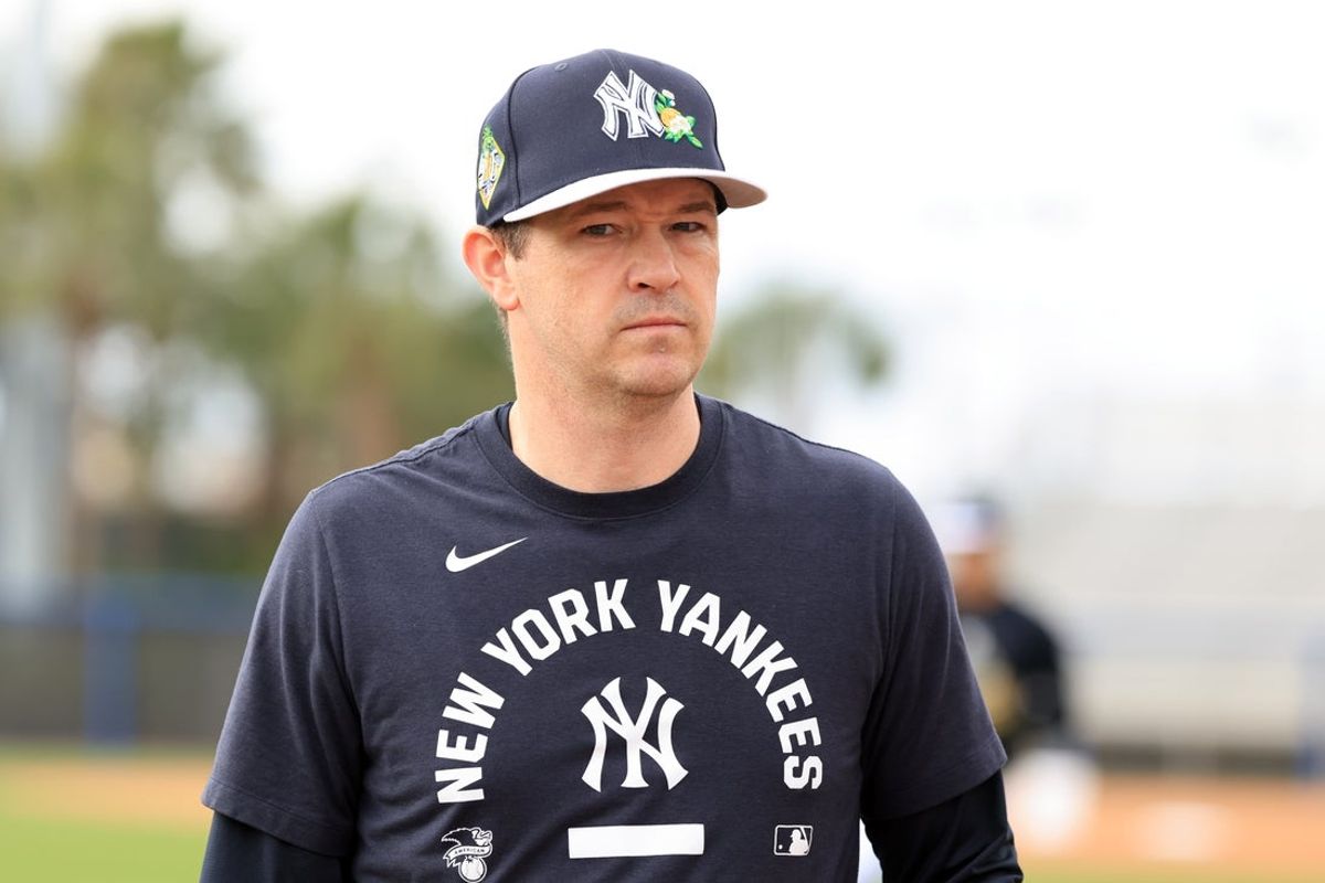 Feb 12, 2026; Tampa, FL, USA;  New York Yankees pitching coach Matt Blake (77) during spring training workouts at George M. Steinbrenner Field. Mandatory Credit: Kim Klement Neitzel-Imagn Images