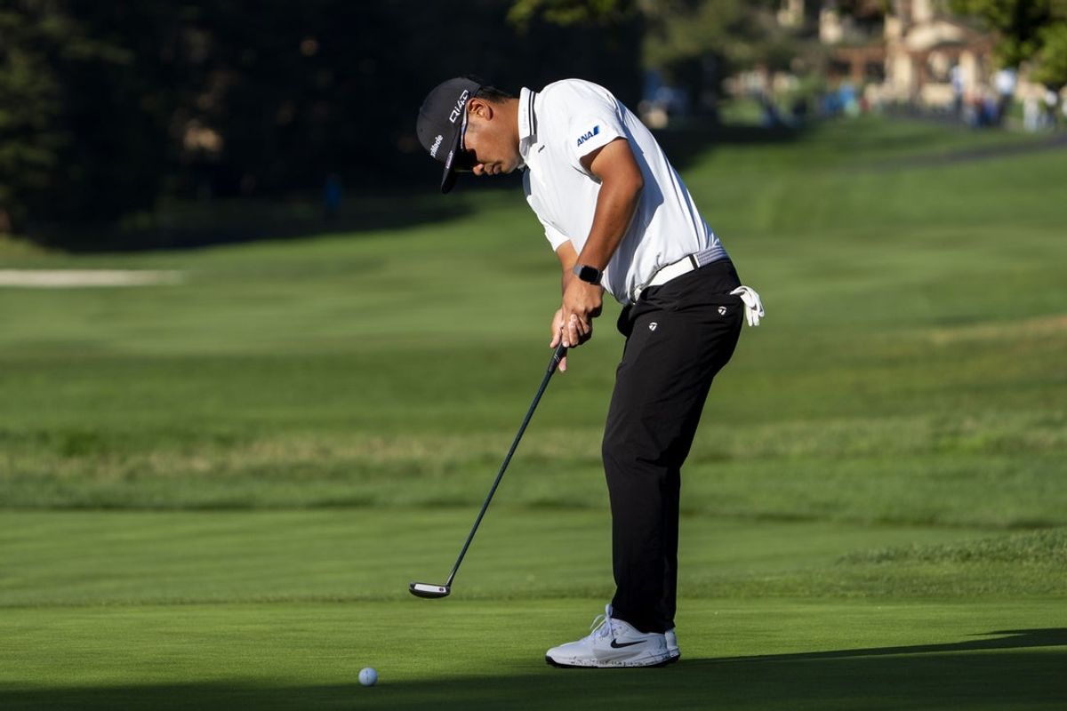 February 12, 2026; Pebble Beach, California, USA; Ryo Hisatsune putts on the second hole during the first round of the AT&T Pebble Beach Pro-Am golf tournament at Pebble Beach Golf Links. Mandatory Credit: Kyle Terada-Imagn Images
