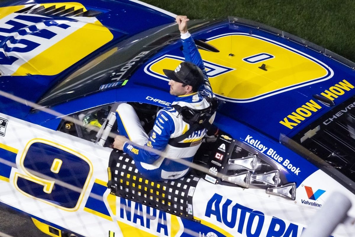 Feb 12, 2026; Daytona Beach, Florida, USA; NASCAR Cup Series driver Chase Elliott (9) celebrates after winning Duel 2 at Daytona at Daytona International Speedway. Mandatory Credit: Mark J. Rebilas-Imagn Images