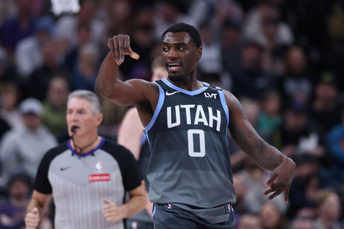 Feb 12, 2026; Salt Lake City, Utah, USA; Utah Jazz guard Vince Williams Jr. (0) reacts after a play during the first half against the Portland Trail Blazers at Delta Center. Mandatory Credit: Rob Gray-Imagn Images