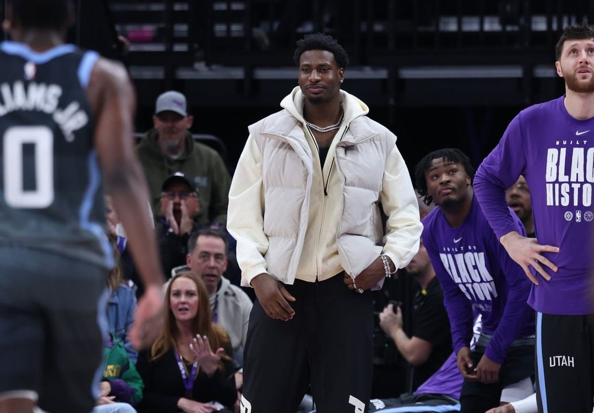 Feb 12, 2026; Salt Lake City, Utah, USA; Utah Jazz forward Jaren Jackson Jr. (middle) reacts after guard Vince Williams Jr. (0) is ejected against the Portland Trail Blazers during the first half at Delta Center. Mandatory Credit: Rob Gray-Imagn Images