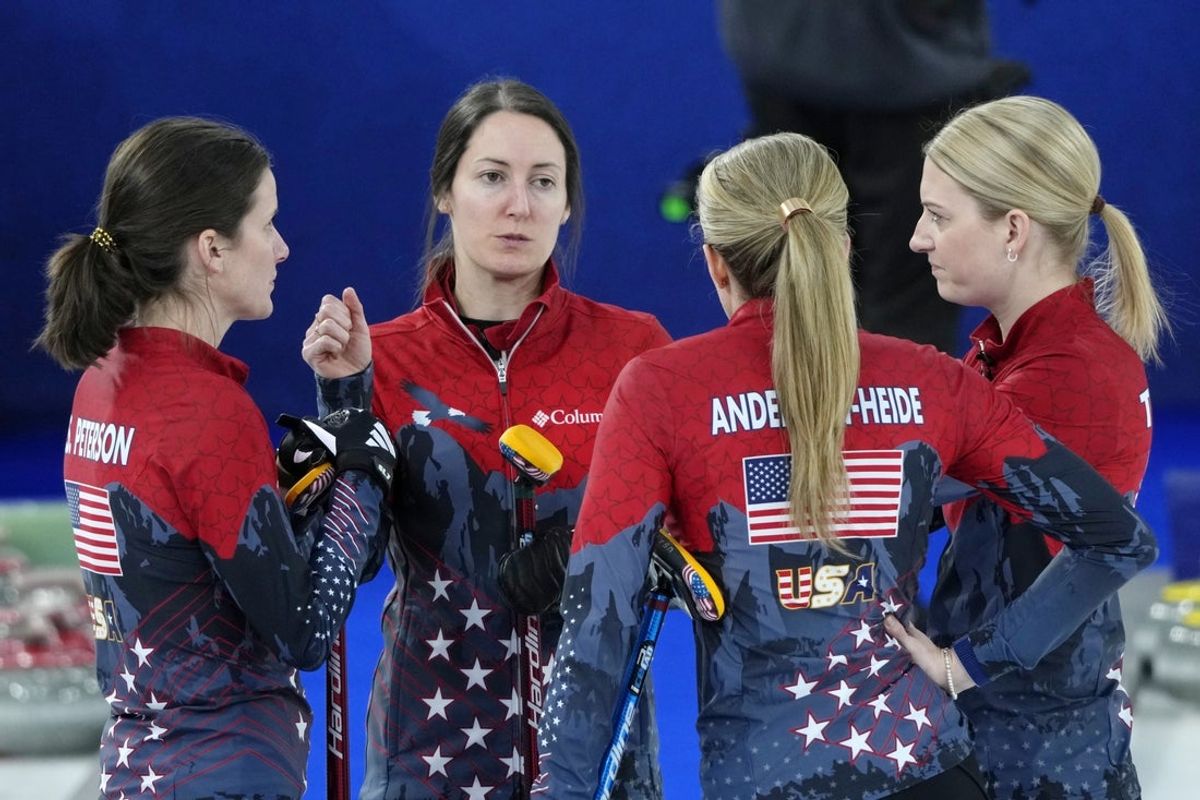 Feb 13, 2026; Cortina d'Ampezzo, Italy; Tabitha Peterson of the United States talks with the team during a women's round robin game during the Milano Cortina 2026 Olympic Winter Games at Cortina Curling Olympic Stadium. Mandatory Credit: Michael Madrid-Imagn Images