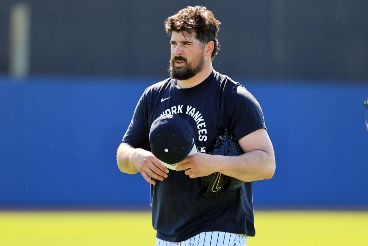 Feb 13, 2026; Tampa, FL, USA;  New York Yankees pitcher Carlos Rodon (55) works out during spring training practices at George M. Steinbrenner Field. Mandatory Credit: Kim Klement Neitzel-Imagn Images