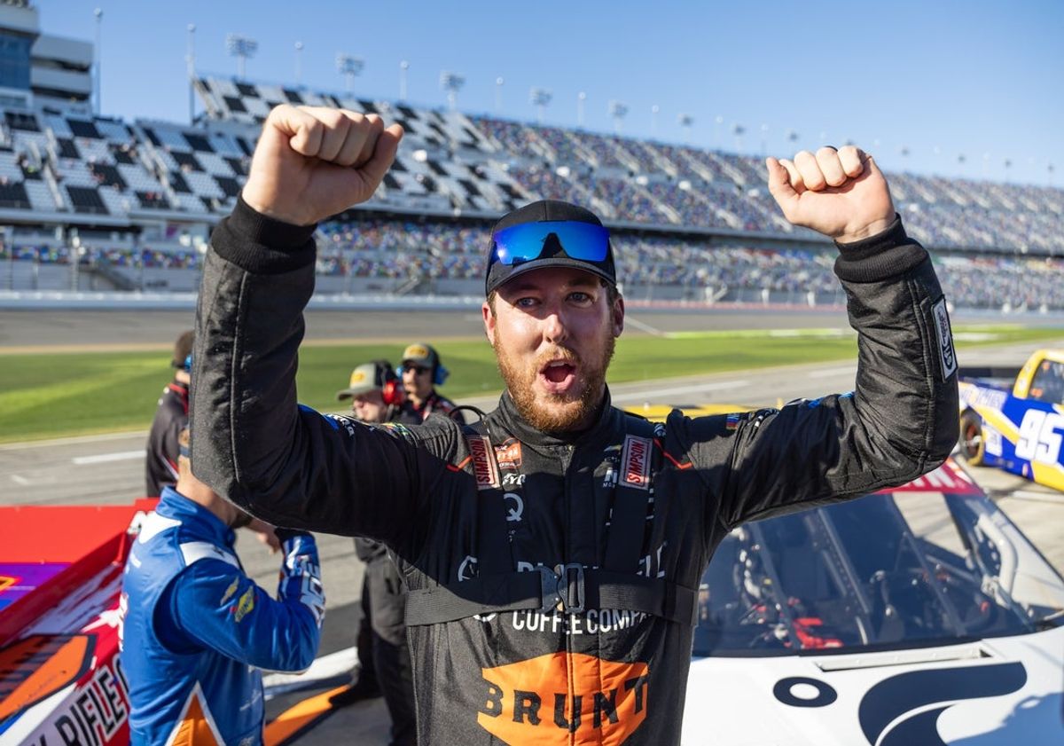 Feb 13, 2026; Daytona Beach, Florida, USA; NASCAR driver Garrett Mitchell celebrates during qualifying at Daytona International Speedway. Mandatory Credit: Mark J. Rebilas-Imagn Images
