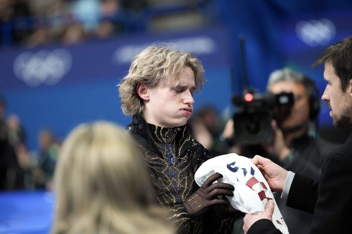 Feb 13, 2026; Milan, Italy; Ilia Malinin of the United States of America reacts after competing in the men’s singles free program during the Milano Cortina 2026 Olympic Winter Games at Milano Ice Skating Arena. Mandatory Credit: James Lang-Imagn Images