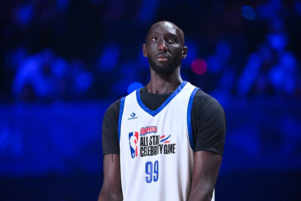 Feb 13, 2026; Los Angeles, CA, USA; Tacko Fall of Team 1 looks on during the NBA All Star Celebrity Game at Kia Forum. Mandatory Credit: William Liang-Imagn Images