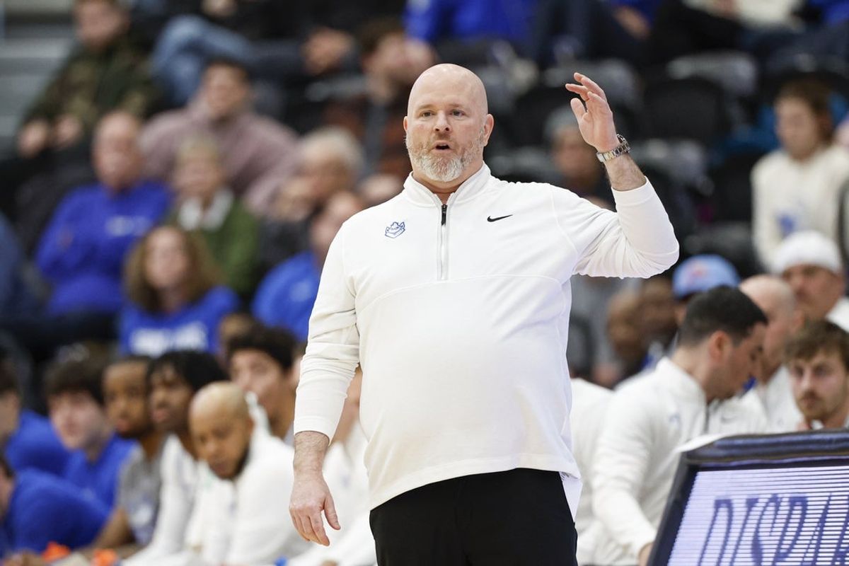 Feb 13, 2026; Chicago, Illinois, USA; Saint Louis Billikens head coach Josh Schertz reacts during the first half at Joseph J. Gentile Arena. Mandatory Credit: Kamil Krzaczynski-Imagn Images