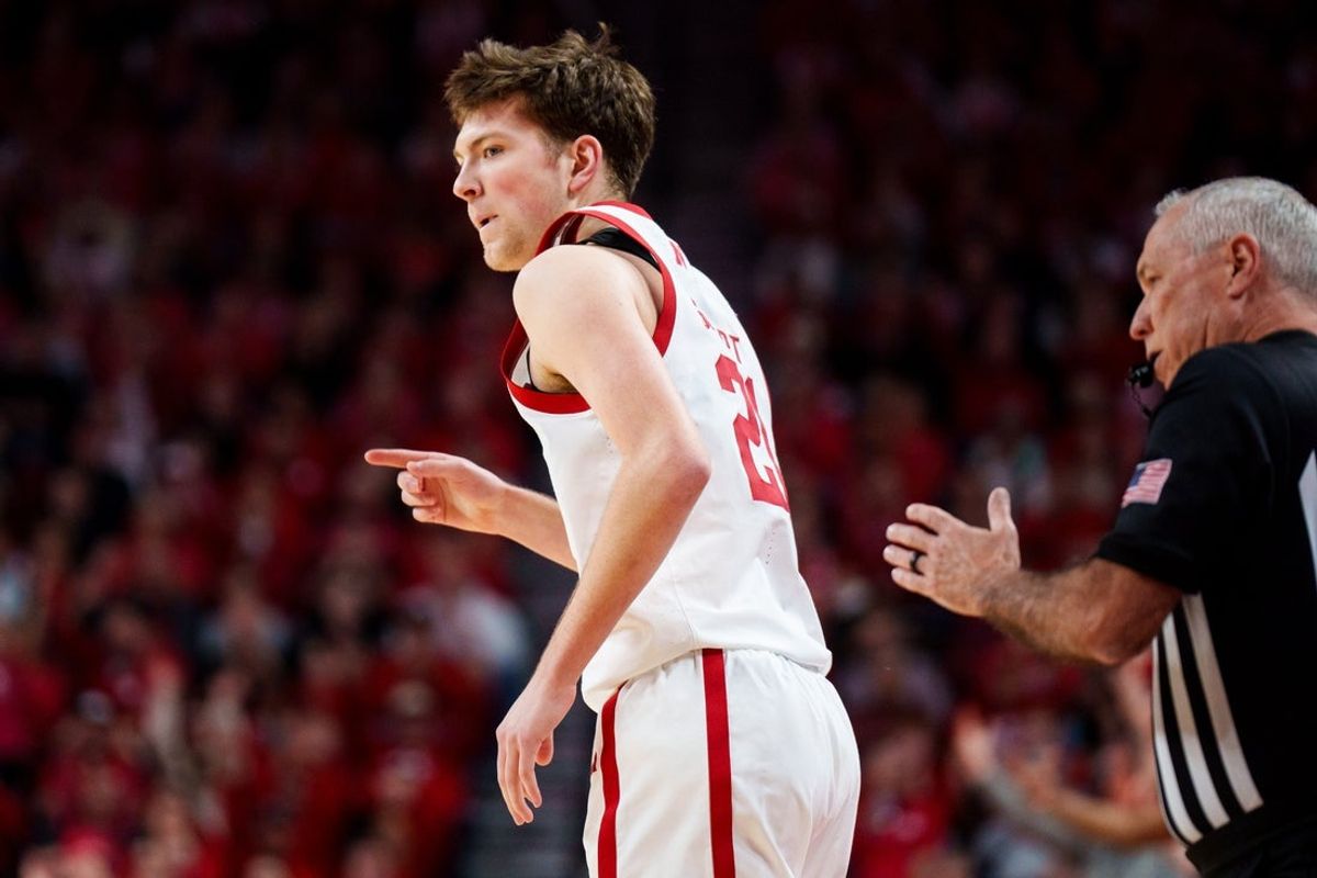 Feb 14, 2026; Lincoln, Nebraska, USA; Nebraska Cornhuskers forward Pryce Sandfort (21) reacts after a three point shot against the Northwestern Wildcats during the first half at Pinnacle Bank Arena. Mandatory Credit: Dylan Widger-Imagn Images