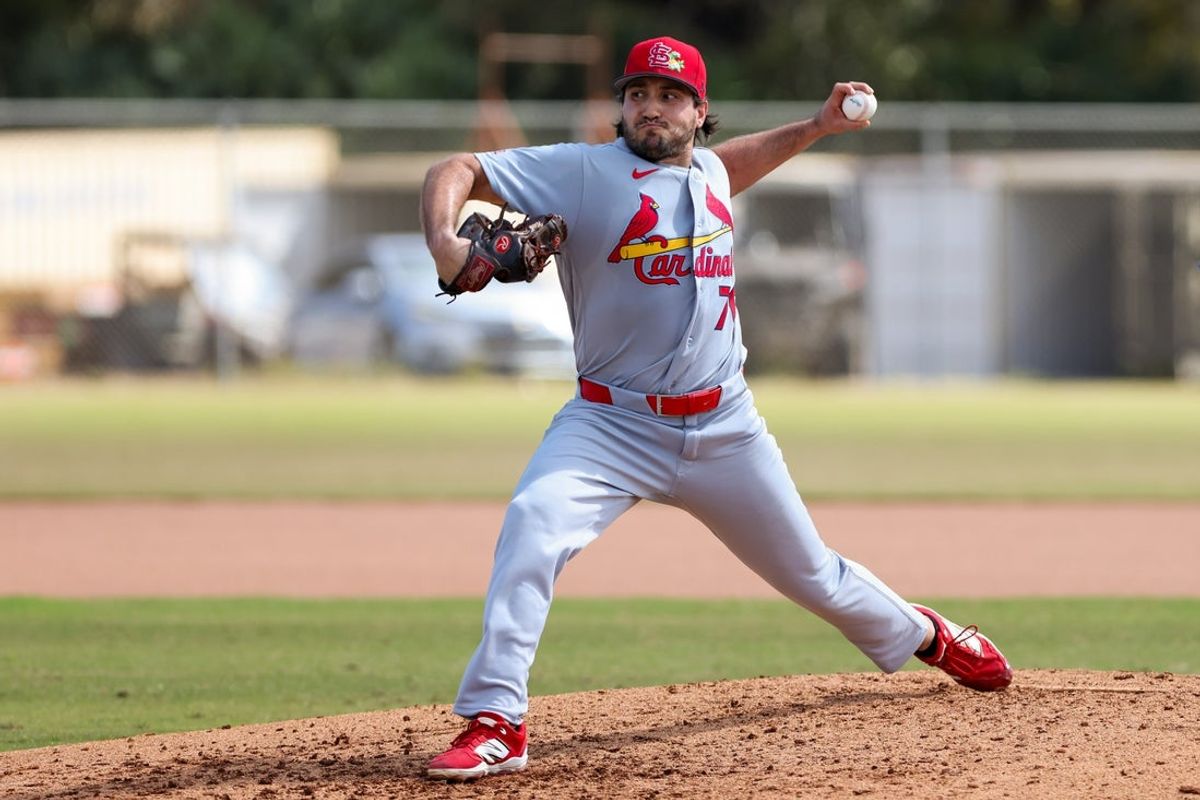Feb 14, 2026; Jupiter, FL, USA; St. Louis Cardinals pitcher Nick Raquet (70) delivers a pitch during a spring training workout at Roger Dean Chevrolet Stadium. Mandatory Credit: Sam Navarro-Imagn Images