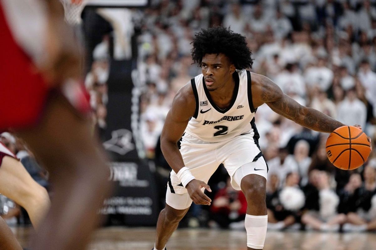 Feb 14, 2026; Providence, Rhode Island, USA; Providence College Friars guard Jaylin Sellers (2) dribbles during the first half of the game against the St. John’s University Red Storm at Amica Mutual Pavilion. Mandatory Credit: Natalie Reid-Imagn Images