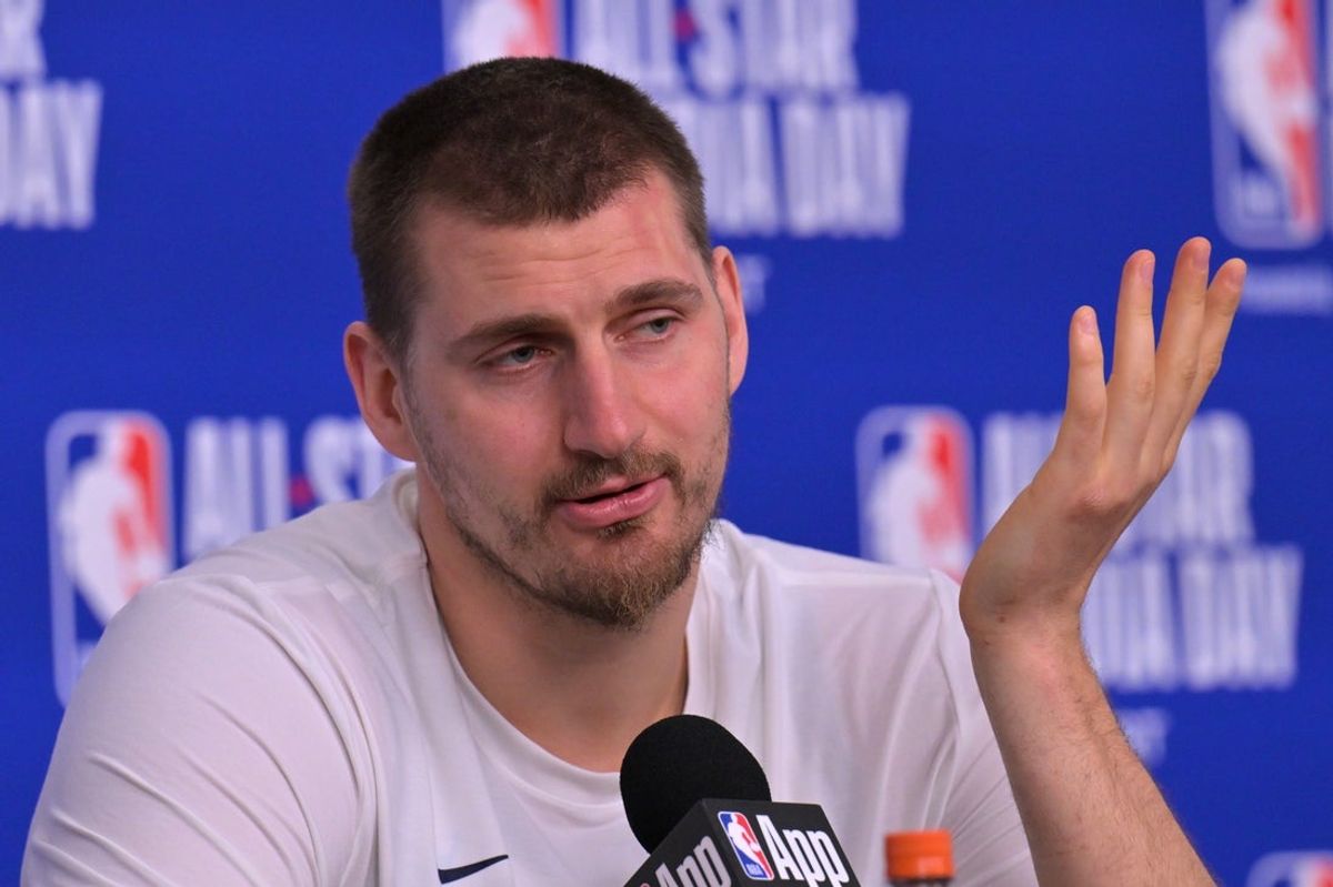 Feb 14, 2026; Los Angeles, CA, USA; Team World center Nikola Jokic (15) of the Denver Nuggets during a news conference for the NBA All Star game at Intuit Dome. Mandatory Credit: Jayne Kamin-Oncea-Imagn Images