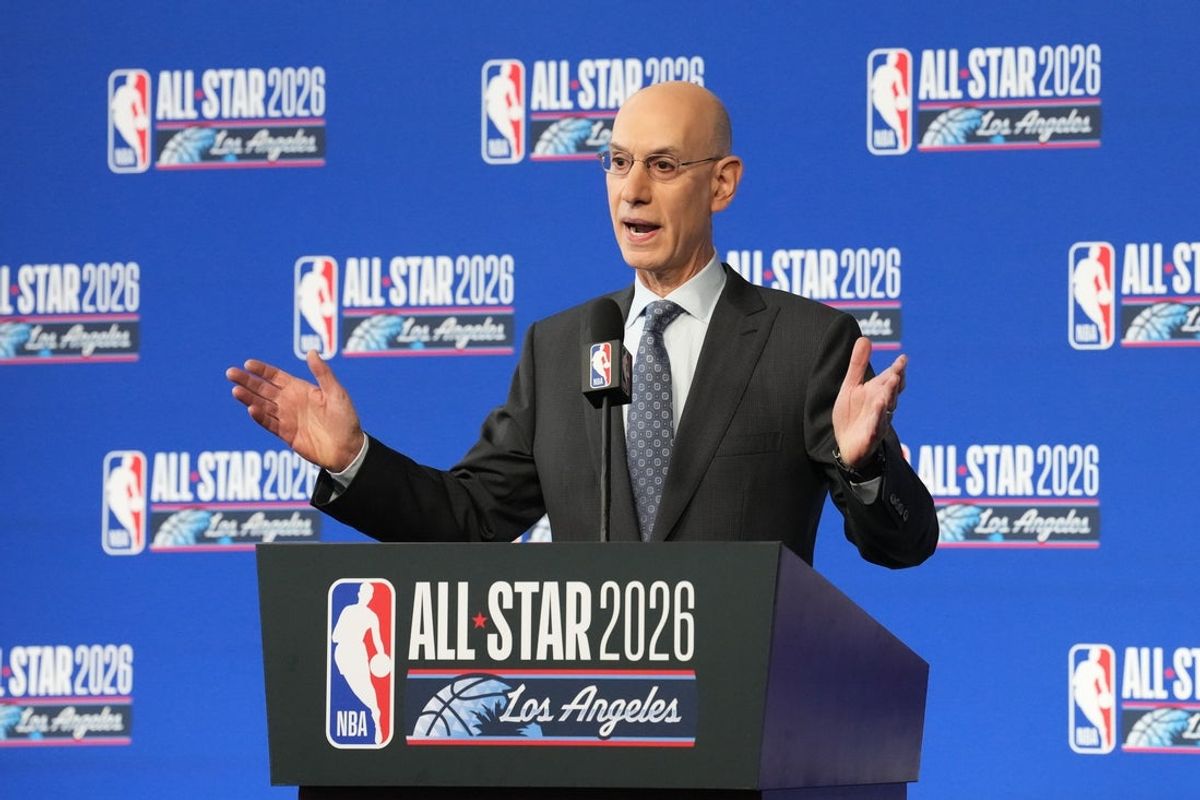 Feb 14, 2026; Los Angeles, CA, USA; NBA commissioner Adam Silver speaks to the media during a press conference before 2026 NBA All Star Saturday Night at Intuit Dome. Mandatory Credit: Kirby Lee-Imagn Images
