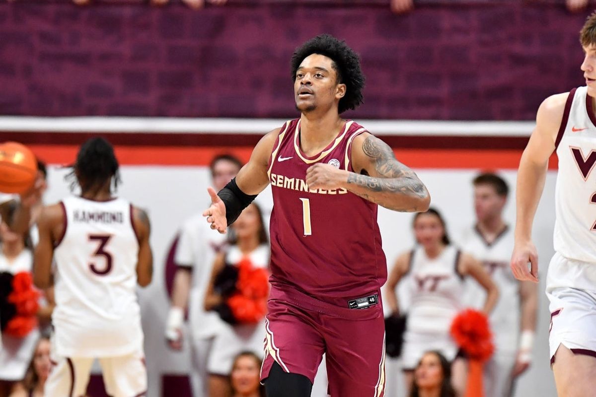 Feb 14, 2026; Blacksburg, Virginia, USA;  Florida State Seminoles guard Martin Somerville (1) celebrates a score against the Virginia Tech Hokies during the second half at Cassell Coliseum. Mandatory Credit: Brian Bishop-Imagn Images