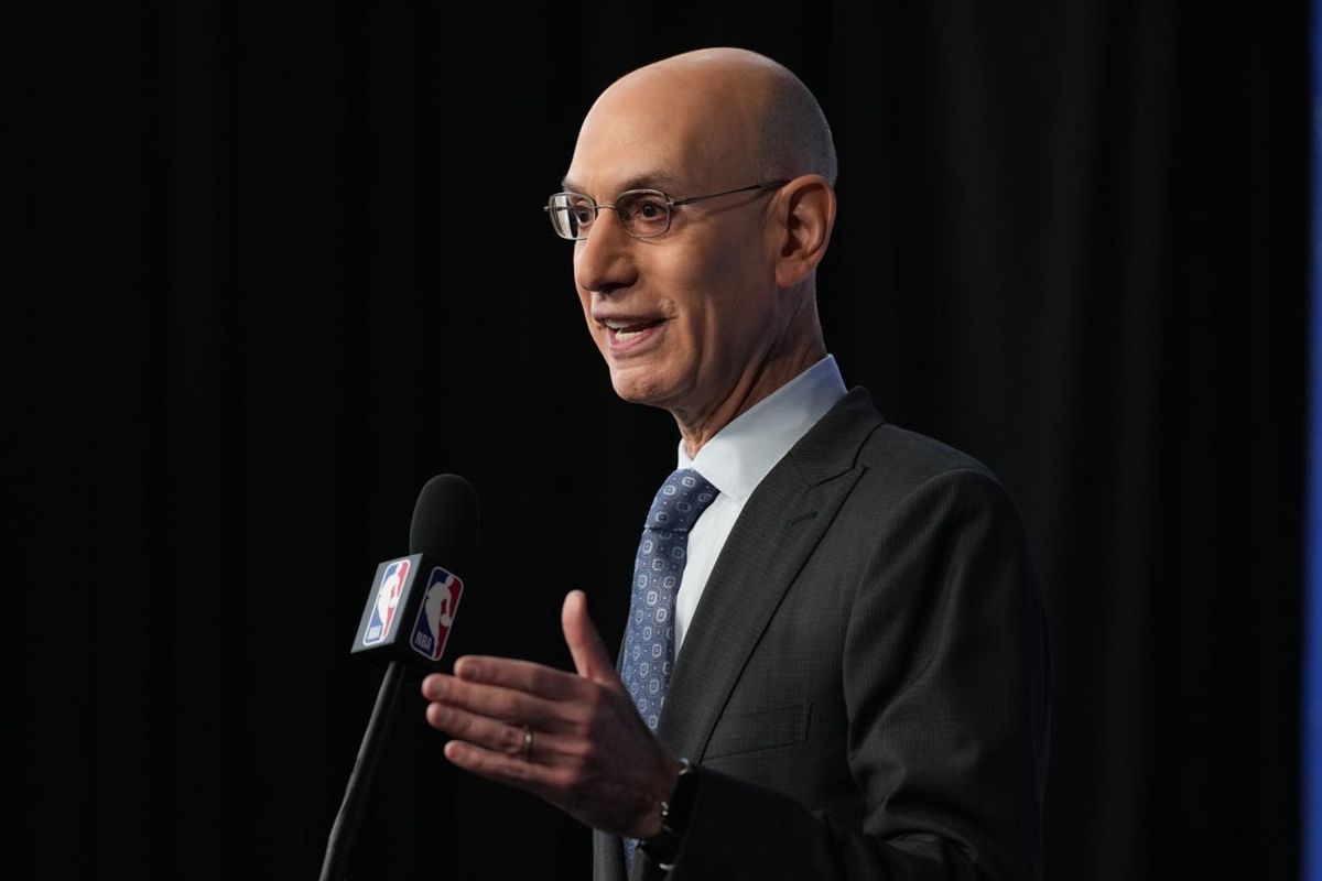 Feb 14, 2026; Los Angeles, CA, USA; NBA commissioner Adam Silver speaks to the media during a press conference before 2026 NBA All Star Saturday Night at Intuit Dome. Mandatory Credit: Kirby Lee-Imagn Images