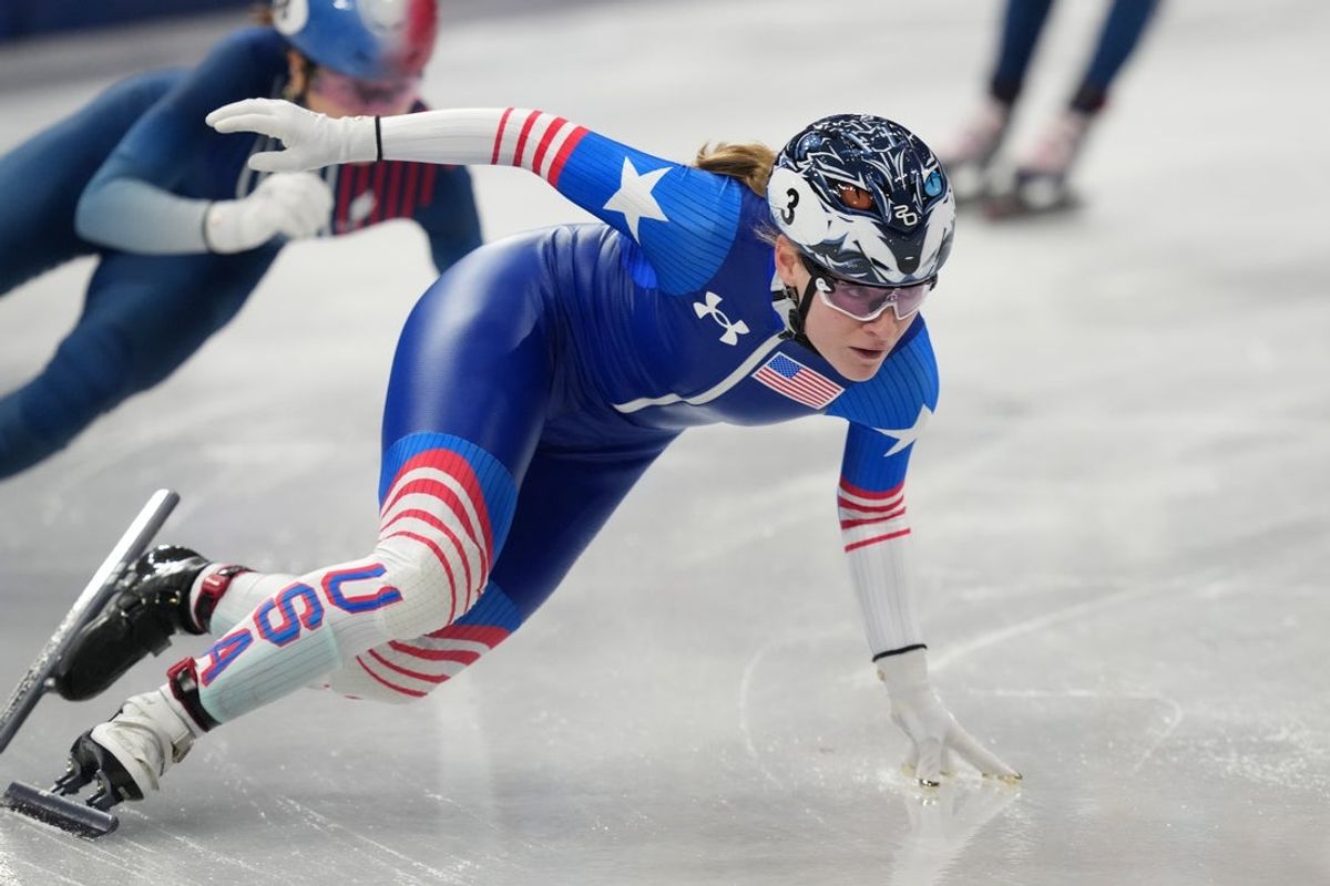 Feb 14, 2026; Milan, Italy; Corinne Stoddard of the United States in a women's 3000m relay semifinal heat during the Milano Cortina 2026 Olympic Winter Games at Milano Ice Skating Arena. Mandatory Credit: James Lang-Imagn Images