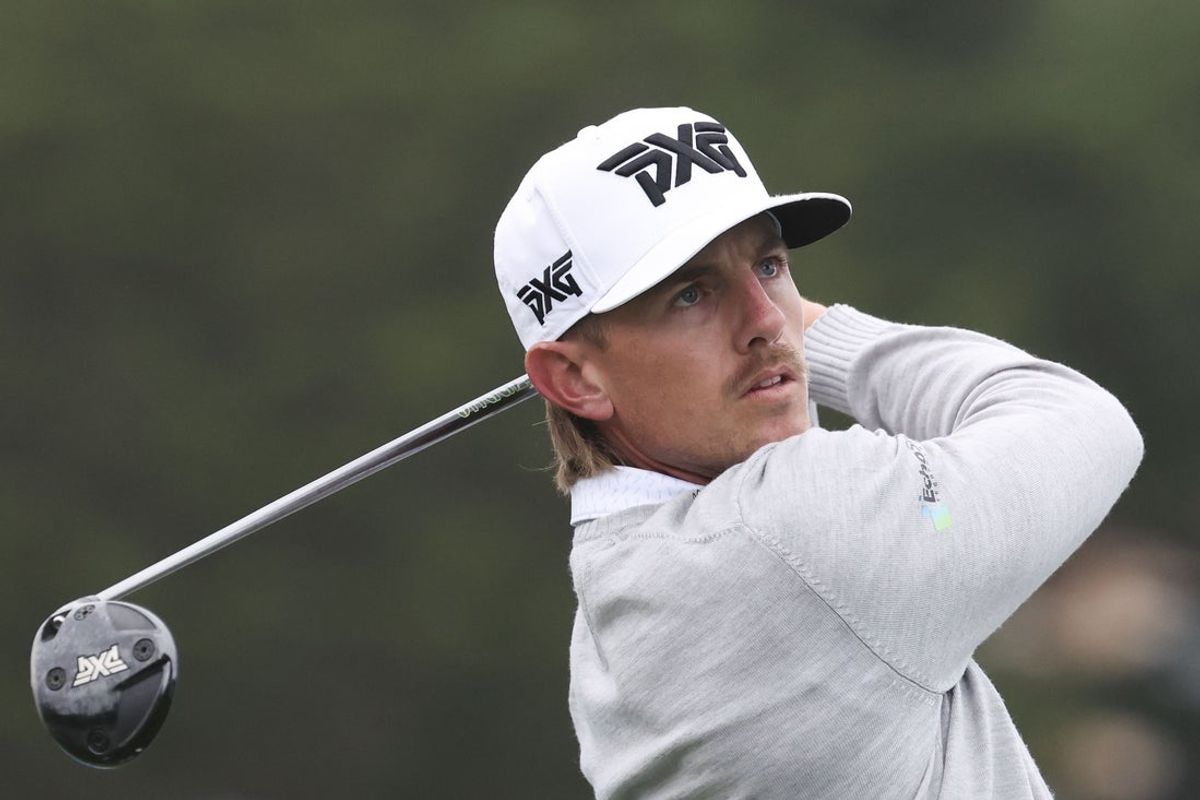 Feb 14, 2026; Pebble Beach, California, USA; Jake Knapp hits his tee shot on the third hole during the third round of the AT&T Pebble Beach Pro-Am golf tournament at Pebble Beach Golf Links. Mandatory Credit: Kiyoshi Mio-Imagn Images