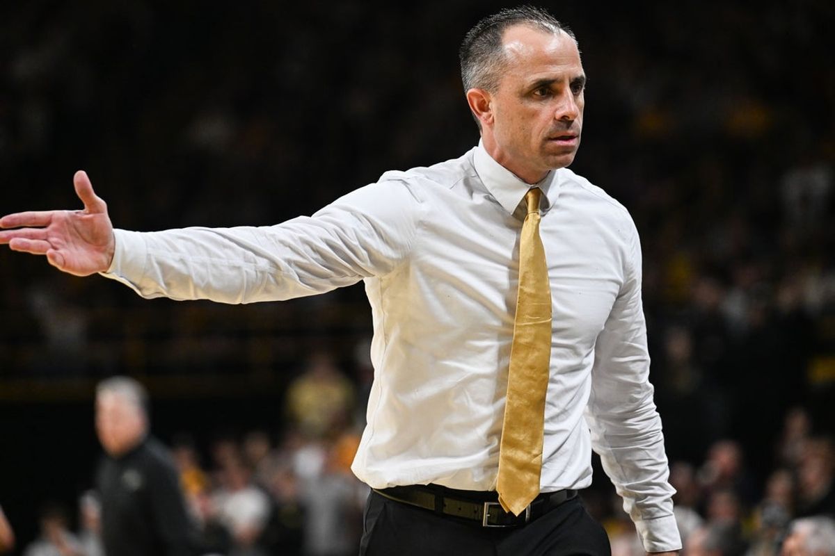 Feb 14, 2026; Iowa City, Iowa, USA; Iowa Hawkeyes head coach Ben McCollum reacts during the first half against the Purdue Boilermakers at Carver-Hawkeye Arena. Mandatory Credit: Jeffrey Becker-Imagn Images